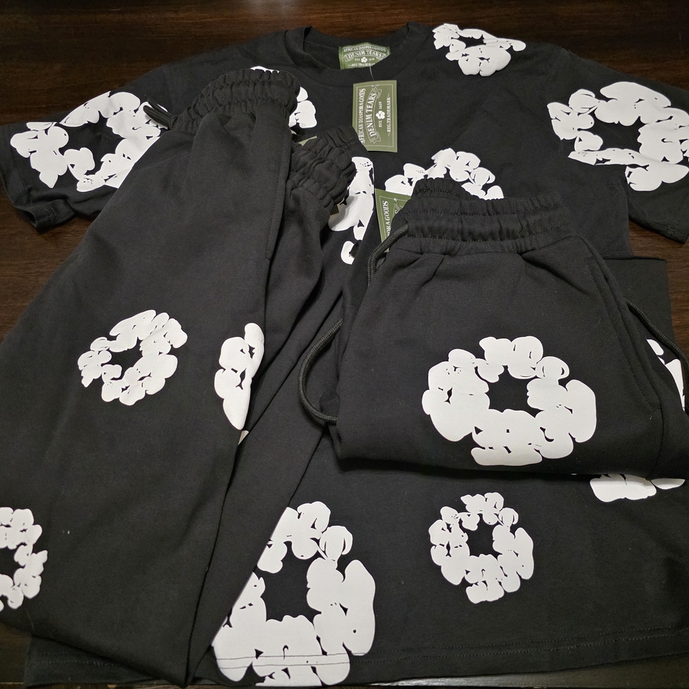 Mens Black & White Floral Denim Tears Jogger Set-T-shirt, Jogger Pants & Shorts.